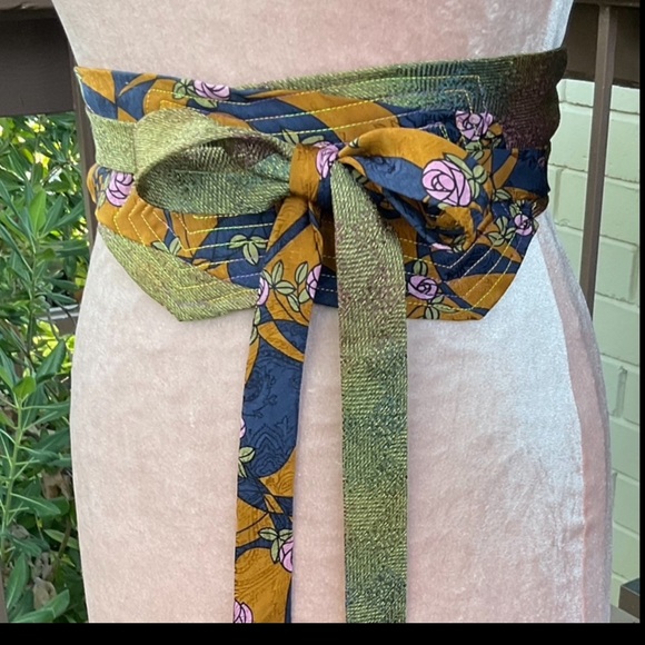 Blue Red geometric shimmer Japanese Obi style reused men’s silk ties wrap belt - Picture 11 of 13